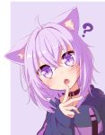  1girl ? ahoge animal_ear_fluff animal_ears bangs blush cat_ears crossed_bangs eyebrows_visible_through_hair fang finger_to_mouth hololive looking_at_viewer nekomata_okayu open_mouth purple_eyes purple_hair senhaku short_hair solo two-tone_background virtual_youtuber 