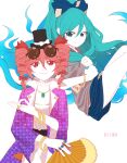  2girls absurdres bangle black_hat blue_eyes blue_hair blue_skirt bow bracelet closed_mouth coat commentary_request cosplay dress drill_hair eyewear_on_head feet_out_of_frame flying folding_fan gem gold green_gemstone grey_hoodie hair_between_eyes hair_bow hand_fan hat hat_bow hatsune_miku highres holding holding_fan hood hood_down hoodie jewelry kasane_teto long_bangs long_hair looking_at_viewer medium_hair money_gesture multiple_girls multiple_rings necklace pendant pink_hair purple_coat red_eyes ring round_eyewear short_sleeves shrinesmaiden simple_background skirt smile sunglasses top_hat touhou twin_drills utau vocaloid white_background white_bow white_dress yorigami_jo&#039;on yorigami_jo&#039;on_(cosplay) yorigami_shion yorigami_shion_(cosplay) 