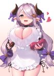  1girl apron blue_eyes blush breasts cleavage cleavage_cutout commentary_request draph fangs frilled_apron frills gradient gradient_background granblue_fantasy hair_over_one_eye hair_ribbon heart heart-shaped_pupils heart_cutout highres horns hsuliherng lavender_hair legs_together long_hair looking_at_viewer narmaya_(granblue_fantasy) open_mouth pointy_ears purple_ribbon ribbon solo standing symbol-shaped_pupils twintails very_long_hair white_apron 