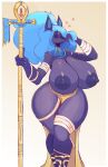  ankh anthro anubian_jackal areola bandage big_areola big_breasts blue_body blue_hair breasts canid canine canis clothing egyptian_clothing female hair heart_symbol hi_res huge_breasts imago_ic jackal jewelry mammal solo staff thick_thighs 