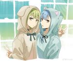  2girls animal_ear_hood arm_around_shoulder bang_dream! bang_dream!_it&#039;s_mygo!!!!! black_ribbon blue_hair blue_hoodie brown_hoodie chinese_commentary closed_mouth commentary_request expressionless green_hair highres hood hoodie long_hair long_sleeves multiple_girls neck_ribbon parted_lips ribbon togawa_sakiko upper_body wakaba_mutsumi window yellow_eyes yui_k_(yuik48074789) 