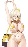  1girl arms_up bag bikini blonde_hair breasts colored_inner_hair elegg_(nikke) goddess_of_victory:_nikke gold_bikini gold_bracelet gold_choker hair_intakes hair_over_one_eye handbag highres huge_breasts micro_bikini multicolored_hair navel o-ring o-ring_bikini open_mouth purple_eyes revealing_clothes short_hair simple_background skindentation solo stomach stretching swimsuit tachibana-san wet white_background 