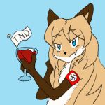  alcohol anthro armband averi_(fiddleafox) beverage blue_eyes brown_body brown_fur canid canine container cup drinking_glass female female_anthro fox fur glass glass_container glass_cup gloves_(marking) hair holding_object looking_at_viewer mammal markings nazi simple_background solo swastika text unknown_artist white_body white_fur wine wine_glass 