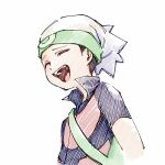  1boy black_hair brendan_(pokemon) closed_eyes from_side green_bag hat highres male_focus open_mouth pokemon pokemon_emerald pokemon_rse red_shirt shirt short_hair short_sleeves solo tan_carbonnn upper_body white_background white_hat 