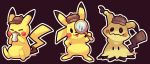  absurdres black_background brown_headwear closed_eyes commentary cup deerstalker detective_pikachu detective_pikachu_(character) detective_pikachu_(game) detective_pikachu_(movie) deviantart_username english_commentary full_body furrowed_eyebrows gen_1_pokemon gen_7_pokemon hat highres holding holding_cup holding_magnifying_glass looking_at_viewer magnifying_glass mimikyu no_humans pikachu pokemon simple_background standing yatsunote 