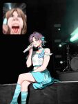  2girls asakura_toru blue_choker blue_eyes blue_hair blue_ribbon blue_skirt blue_socks blue_tank_top blush brown_hair choker collarbone fan_screaming_at_madison_beer_(meme) gradient_hair hair_ribbon holding holding_microphone ichikawa_hinana idolmaster idolmaster_shiny_colors kneehighs long_hair looking_at_viewer meme microphone midriff multicolored_hair multiple_girls navel nonbire parted_bangs photo_background purple_hair ribbon shirt sitting skirt smile socks tank_top white_shirt 