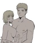  1boy 1girl abs blonde_hair breast_press breasts brother_and_sister commentary_request dungeon_meshi falin_touden incest ke_zta laios_touden large_breasts medium_hair nude pectorals siblings toned toned_male yellow_eyes 
