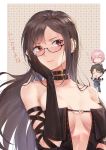  1boy 2girls absurdres bangs bare_shoulders black_dress black_gloves blush breasts brown_hair center_opening closed_mouth consort_yu_(fate) dress earrings elbow_gloves fate/grand_order fate_(series) fujimaru_ritsuka_(male) glasses gloves highres jewelry kaer_sasi_dianxia long_hair looking_at_viewer mash_kyrielight medium_breasts multiple_earrings multiple_girls red_eyes revealing_clothes solo strapless strapless_dress very_long_hair 