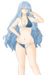 1girl ass_visible_through_thighs azura_(fire_emblem) bare_shoulders bikini blue_hair blush breast_padding breasts cleavage closed_mouth collarbone curvy eyebrows_visible_through_hair facing_viewer fire_emblem fire_emblem_fates fire_emblem_heroes hair_between_eyes hair_ornament hand_on_hip highres holding holding_hair light_blue_hair light_blush long_hair looking_at_viewer medium_breasts navel small_breasts solo swimsuit thighs transparent_background tridisart very_long_hair yellow_eyes 
