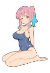  1girl ;) absurdres arms_behind_back bare_arms bare_legs bare_shoulders barefoot blue_hair blue_one-piece_swimsuit blush breasts commentary dot_nose full_body hair_ornament hair_scrunchie highres hozuki_kaede karubi_(karubi465558) large_breasts long_sleeves looking_at_viewer multicolored_hair one-piece_swimsuit one_eye_closed onii-chan_wa_oshimai! pink_hair red_eyes scrunchie seiza short_ponytail sidelocks simple_background sitting smile solo swimsuit two-tone_hair white_background yellow_scrunchie 