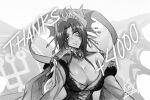  1girl bare_shoulders blush breasts butterfly_wings cleavage demon_girl demon_horns digimon digimon_(creature) dress energy_wings english_commentary facial_mark horns insect_wings keyliom large_breasts lilithmon lilithmon_x-antibody looking_at_viewer medium_hair milestone_celebration monochrome solo thank_you upper_body wings 