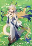  1girl arknights bare_shoulders belt black_footwear blonde_hair blue_hair blue_horns blue_pants blue_tail brown_pants closed_mouth day dragon_girl dragon_horns dragon_tail earrings flower full_body grass green_eyes grey_hair grey_tail hair_between_eyes hair_intakes highres holding holding_sword holding_weapon horns jacket jewelry long_hair looking_at_viewer multico multicolored_hair necklace off_shoulder on_grass open_clothes open_jacket outdoors pants plant pointy_ears red_pupils shoes shu_(arknights) smile solo standing strapless sword tail tube_top walking weapon white_belt white_flower white_horns white_jacket white_pants white_tube_top wind yellow_flower yellow_horns yellow_tail 