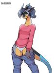  anthro biped bottomless breasts clothed clothing dragon dragorii female flashing gaile_zalion genitals hair hi_res horn long_neck long_tail non-mammal_breasts pussy scalie shirt small_breasts smile the_dogsmith topwear 