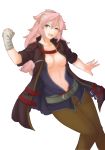  1girl bandaged_hand bandages belt breasts breasts_apart cleavage cleavage_cutout coat collarbone curvy facing_to_the_side fire_emblem fire_emblem:_the_blazing_blade fire_emblem_fates fire_emblem_heroes fist_pump hair_between_eyes hairband highres light_blush linus_(fire_emblem) long_hair medium_breasts navel one_eye_closed open_mouth pants pink_hair smile soleil_(fire_emblem) solo transparent_background tridisart yellow_eyes 
