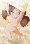  1girl amanogawa_kirara armpits beach bikini breasts brown_hair fuchi_(nightmare) go!_princess_precure highres long_hair looking_at_viewer one_eye_closed precure purple_eyes side-tie_bikini_bottom smile solo stomach swimsuit twintails undressing 