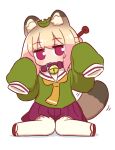  1girl animal_ear_fluff animal_ears bell blonde_hair blush brown_collar collar full_body green_shirt hair_bun hair_ornament hands_up highres jingle_bell jitome kemomimi-chan_(naga_u) kemonomimi_mode leaf leaf_on_head long_sleeves looking_at_viewer motion_lines naga_u neck_bell necktie orange_necktie original pleated_skirt puffy_long_sleeves puffy_sleeves purple_eyes purple_skirt raccoon_ears raccoon_girl raccoon_tail red_footwear revision ribbon-trimmed_thighhighs ribbon_trim sailor_collar sandals shadow shirt simple_background sitting skirt sleeves_past_fingers sleeves_past_wrists solo striped_tail tail thighhighs wariza white_background white_sailor_collar white_thighhighs zouri 