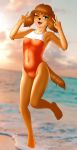  2020 absurd_res anthro beach biped bird_dog breasts brown_body brown_fur buffbumblebee canid canine canis clothed clothing cloud cocker_spaniel detailed_background digital_drawing_(artwork) digital_media_(artwork) domestic_dog eyelashes female fingers flat_chested fur gesture hair happy hi_res hunting_dog jumping lipstick looking_at_viewer makeup mammal multicolored_body multicolored_fur navel one-piece_swimsuit open_mouth outside sea seaside sky smile solo spaniel sport_swimsuit sunset swimwear two_tone_body water 