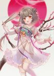  1girl absurdres branch brown_hair chinese_clothes double_bun dress folding_fan hair_bun hand_fan hanfu highres holding holding_fan long_sleeves looking_at_viewer open_mouth orange_eyes qixiong_ruqun ribbon ruqun see_through see_through_sleeves smile solo thighhighs white_thighhighs 