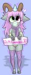  anthro armwear big_eyes birthday bovid caprine clothed clothing digital_drawing_(artwork) digital_media_(artwork) female genitals goat hair hat headgear headwear hi_res horn legwear looking_at_viewer male male/female mammal no_underwear partially_clothed party_hat pink_hair pussy scarf simple_background size_difference smaller_female solo spanish_text stockings text translation_request warmers yerolay 