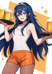  1girl alcohol bare_shoulders beer beer_mug blue_eyes blue_hair blush breasts contemporary cup employee_uniform fire_emblem fire_emblem_awakening foam hair_between_eyes highres hooters long_hair looking_at_viewer lucina_(fire_emblem) mug open_mouth orange_shorts pantyhose short_shorts shorts small_breasts smile solo tank_top uniform waitress yuurururun 