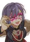  1girl :3 absurdres bang_dream! bang_dream!_it&#039;s_mygo!!!!! bead_necklace beads black_vest blood blood_on_face commentary half-heart_hands highres jewelry looking_at_viewer necklace one_eye_closed open_mouth purple_blood purple_brooch purple_eyes purple_hair see-through see-through_sleeves short_hair simple_background solo upper_body vest white_background yui_k_(yuik48074789) yuutenji_nyamu 