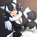  1girl animal_ears bed between_breasts black_hair black_legwear blue_eyes blush breast_pocket breasts cleavage commentary commentary_request eyebrows_visible_through_hair fang fur_collar grey_wolf_(kemono_friends) heterochromia highres indoors kemono_friends large_breasts long_hair looking_at_viewer mo23 multicolored_hair necktie necktie_between_breasts open_clothes open_mouth pocket skirt solo tail thighhighs two-tone_hair white_hair wolf_ears wolf_girl wolf_tail yellow_eyes zettai_ryouiki 