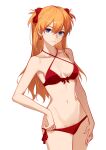  1girl 1zayoihypoxia bikini blue_eyes bow bowtie breasts commentary cowboy_shot criss-cross_halter earrings front-tie_bikini_top front-tie_top hair_bow halterneck highres jewelry long_hair looking_at_viewer medium_breasts navel neon_genesis_evangelion orange_hair red_bikini red_bow red_bowtie side-tie_bikini_bottom simple_background solo souryuu_asuka_langley stomach swimsuit two_side_up white_background wide_hips 