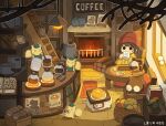  1girl animal artist_name bag basket beanie black_cat cafe cat chair coffee coffee_mug coffee_pot commentary counter cup drinking fireplace food hat highres holding holding_cup hood hood_down hoodie indoors kettle ladder mug original pancake plant potted_plant red_beanie shelf shimarisu_yukichi short_hair sign sitting squirrel stirring table vegetable window wood yellow_hoodie 