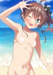  1girl aqua_eyes arm_up armpits bikini blurry blurry_background blush breasts brown_hair covered_nipples hair_ornament highres hololive kazuma_(kazumav) long_hair looking_at_viewer natsuiro_matsuri navel ocean one_eye_closed open_mouth outdoors side_ponytail small_breasts smile solo stomach swimsuit white_bikini 
