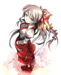  absurdres bangs bow fire fujiwara_no_mokou hair_bow hair_ribbon highres long_hair looking_at_viewer looking_up multiple_hair_bows ofuda ofuda_on_clothes pants red_footwear red_pants ribbon shimoda_masaya shirt shoes silver_hair suspenders touhou white_bow white_hair white_shirt yellow_eyes 