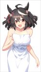  1girl :d absurdres ahoge animal_ears bare_arms bare_shoulders black_hair collarbone commentary_request cowboy_shot dress ear_ornament ear_ribbon hair_between_eyes halter_dress halterneck hand_up highres horse_ears horse_girl kitasan_black_(umamusume) leaning_forward long_dress looking_at_viewer medium_hair multicolored_hair open_mouth orange_eyes red_ribbon ribbon simple_background sleeveless sleeveless_dress smile solo standing streaked_hair sunny_(20597521) umamusume white_background white_dress white_hair 