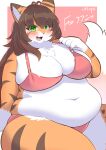 2024 ahoge anthro belly belly_overhang big_breasts bikini blush blush_lines border bra breasts brown_hair brown_stripes catkey_(huhunya) chest_tuft cleavage clothed clothing cute_fangs felid female fur green_eyes hair heart_(marking) hi_res huge_breasts kemono leg_tuft looking_at_viewer mammal markings muffin_top multicolored_body multicolored_fur navel neck_tuft open_mouth open_smile orange_body orange_fur overweight overweight_anthro overweight_female pantherine panties pink_background pink_bikini pink_clothing pink_nose pink_swimwear pink_underwear signature simple_background sitting smile solo striped_body striped_fur stripes swimwear thick_thighs tiger tuft two_tone_body two_tone_fur ukenya underwear underwear_only white_body white_border white_fur