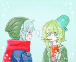  ... 1boy 1girl beanie blue_eyes blue_hair bucket bucket_on_head food food_in_mouth green_eyes green_hair hair_ornament hat highres hiyori_sou holding kimi_ga_shine kizuchi_kanna long_sleeves mouth_hold neckerchief object_on_head open_mouth pocky pocky_in_mouth scarf school_uniform serafuku short_hair short_hair_with_long_locks spoken_ellipsis sweat yume_ha_imamo 