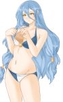  1girl azura_(fire_emblem) bare_shoulders bikini blue_hair blush breast_padding breasts collarbone curvy facing_to_the_side fire_emblem fire_emblem_fates fire_emblem_heroes frown hair_between_eyes hair_ornament highres light_blue_hair light_blush long_hair looking_at_breasts navel parted_lips small_breasts solo swimsuit thighs transparent_background tridisart very_long_hair yellow_eyes 