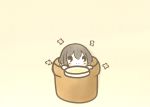  1girl beige_background black_hair blush chibi flower_knight_girl flower_pot holding holding_plate in_container koti looking_at_viewer night_phlox_(flower_knight_girl) petals plate smile solid_oval_eyes solo 