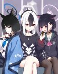  3girls absurdres animal_ears blue_archive candy cat_ears cat_girl chocolate chocolate_bar crossed_legs demon_girl demon_horns feeding food girl_sandwich halo highres holding holding_chocolate holding_food hood hoodie horns kayoko_(blue_archive) kazusa_(blue_archive) kikyou_(blue_archive) multiple_girls sandwiched shiroiurushi yuri 