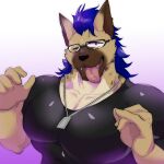 absurd_res anthro black_clothing black_shirt black_topwear blue_hair clothing dog_tags eyewear fur glasses hair hi_res hyena male mammal muscular muscular_male owatana0 pecs purple_eyes shirt solo spotted_hyena tan_body tan_fur topwear waidan_kai