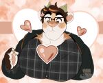2023 abstract_background anthro blush claws clothed clothing cougar felid feline ferwanwan heart_symbol horn javier_(scraphead) looking_down male mammal pattern_clothing pattern_shirt pattern_topwear pawpads paws plaid plaid_clothing plaid_shirt plaid_topwear shirt solo topwear watermark whiskers
