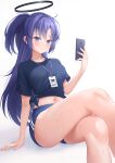  1girl 3: absurdres arm_at_side ass between_legs blue_archive blue_buruma blue_eyes blue_shirt blush breasts bright_pupils buruma cellphone closed_mouth commentary_request crossed_legs curvy eyelashes fingernails frown furrowed_brow gym_uniform half_updo halo hand_up highres holding holding_phone id_card lips long_hair looking_at_viewer mechanical_halo medium_breasts meyrink navel official_alternate_costume official_alternate_hairstyle parted_bangs phone revision shirt short_ponytail short_sleeves sidelocks signature simple_background sitting smartphone solo sweat thighs tsurime twitter_username very_long_hair white_background yuuka_(blue_archive) yuuka_(track)_(blue_archive) 
