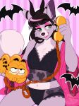 2023 anthro bangs canid clothed clothing electronics eyelashes eyeshadow fangs female ferwanwan fluffy fluffy_tail garfield_(series) garfield_phone garfield_the_cat hi_res horn inanimate_object lingerie makeup mammal navel phone sitting smile solo tail teeth