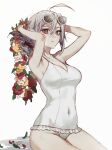  1girl ahoge alternate_costume arms_behind_head bare_arms bare_shoulders breasts brown_eyes bsgkstnals03 cleavage closed_mouth collarbone cowboy_shot danganronpa_(series) expressionless eyelashes eyewear_on_head flower frilled_one-piece_swimsuit frills hair_between_eyes hair_bun hair_ornament hair_scrunchie highres holding holding_behind_back holding_wrench large_breasts leaf light_frown navel one-piece_swimsuit petals red_flower red_scrunchie scrunchie shadow short_hair simple_background single_hair_bun sitting solo sora_(super_danganronpa_another_2) sunglasses super_danganronpa_another_2 swimsuit thighs white-framed_eyewear white_background white_flower white_hair white_one-piece_swimsuit wrench yellow_flower 
