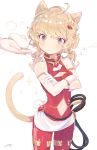  1girl animal_ears baozi blonde_hair cat_ears cat_tail cleavage_cutout crossed_arms fang food gloves hair_ornament highres holding jumpsuit navel_cutout original purple_eyes short_twintails sleeveless solo sparkle tail ten&#039;non twintails whip white_background white_gloves 