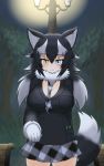  1girl animal_ears between_breasts black_hair blue_eyes blush breasts cleavage commentary commentary_request eyebrows_visible_through_hair fur_collar gloves grey_wolf_(kemono_friends) heterochromia highres kemono_friends large_breasts long_hair looking_at_viewer mo23 multicolored_hair necktie necktie_between_breasts outdoors pencil skirt solo standing tail tree two-tone_hair white_gloves white_hair wolf_ears wolf_girl wolf_tail yellow_eyes 