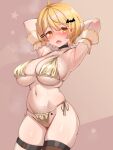  1girl armpits arms_behind_head ayagi_daifuku bikini black_thighhighs blonde_hair blush breasts brown_background cowboy_shot garter_straps gold_bikini highres hololive large_breasts open_mouth short_hair side-tie_bikini_bottom skindentation solo star_(symbol) star_tattoo swimsuit tattoo thighhighs vampire virtual_youtuber yozora_mel 