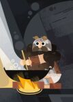  1boy beard cooking dungeon_meshi dwarf empty_eyes facial_hair fake_horns fire full_body helmet highres hiimrock1 horned_helmet horns long_beard looking_ahead male_focus senshi_(dungeon_meshi) sitting solo steaming_food style_request thick_mustache very_long_beard wok 