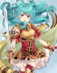  :o aqua_eyes aqua_hair armor blue_background boots breastplate earrings eirika_(fire_emblem) fingerless_gloves fire_emblem fire_emblem:_the_sacred_stones gloves haru_(nakajou-28) highres holding holding_sword holding_weapon jewelry long_hair red_gloves red_legwear simple_background skirt sword teeth thigh_boots thighhighs weapon white_skirt zettai_ryouiki 