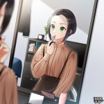  1boy applying_makeup black_hair black_skirt bookshelf brown_shirt copyright_name cosmetics green_eyes hair_ornament hairclip haritoyomimasu indoors kerberos_blade lipstick_tube makeup mirror otoko_no_ko shirt short_hair skirt suspenders television 