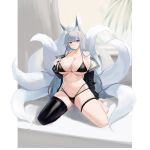  1girl absurdres animal_ear_fluff animal_ears ass_visible_through_thighs azur_lane bare_shoulders barefoot bikini black_bikini black_jacket black_thighhighs blue_eyes breasts cleavage closed_mouth collarbone fox_ears fox_girl fox_tail grey_hair hand_up highres jacket kitsune kyuubi large_breasts latex latex_thighhighs long_hair long_sleeves looking_at_viewer multi-strapped_bikini_bottom multiple_tails navel off_shoulder open_clothes open_jacket pulled_by_self shinano_(azur_lane) single_thighhigh sitting skindentation solo stomach strap_pull string_bikini suo_bu_ye_feng swimsuit tail thigh_strap thighhighs thighs very_long_hair wariza 