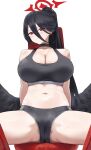  1girl absurdres black_choker black_hair black_sports_bra black_wings blue_archive blush breasts choker cleavage closed_mouth halo hasumi_(blue_archive) highres large_breasts long_hair looking_at_viewer mole mole_under_eye navel ponytail red_eyes red_halo simple_background sitting siu_hing5262 solo sports_bra thighs very_long_hair white_background wings 