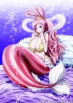  1girl bikini blue_eyes blush breasts cleavage fish_hair_ornament hair_ornament highres jewelry large_breasts long_hair looking_at_viewer mermaid monster_girl nel-zel_formula one_piece pink_hair shawl shirahoshi smile solo swimsuit very_long_hair 